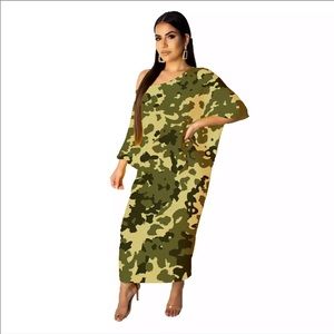 Yellow camouflage off the shoulder loose dress